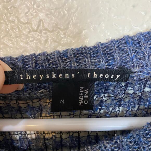 Theyskens Theory Navy Open Knit Striped Linen Silk Blend Crewneck Sweater Size M - Picture 3 of 6